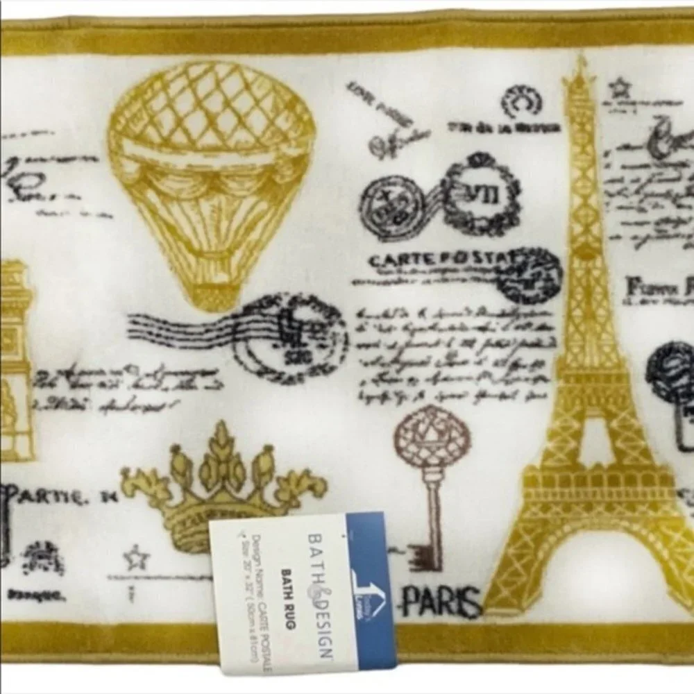 Paris Eiffel Tower French Bath Mat Rug Rectangle White Gold Multi 20 in x 32 in
